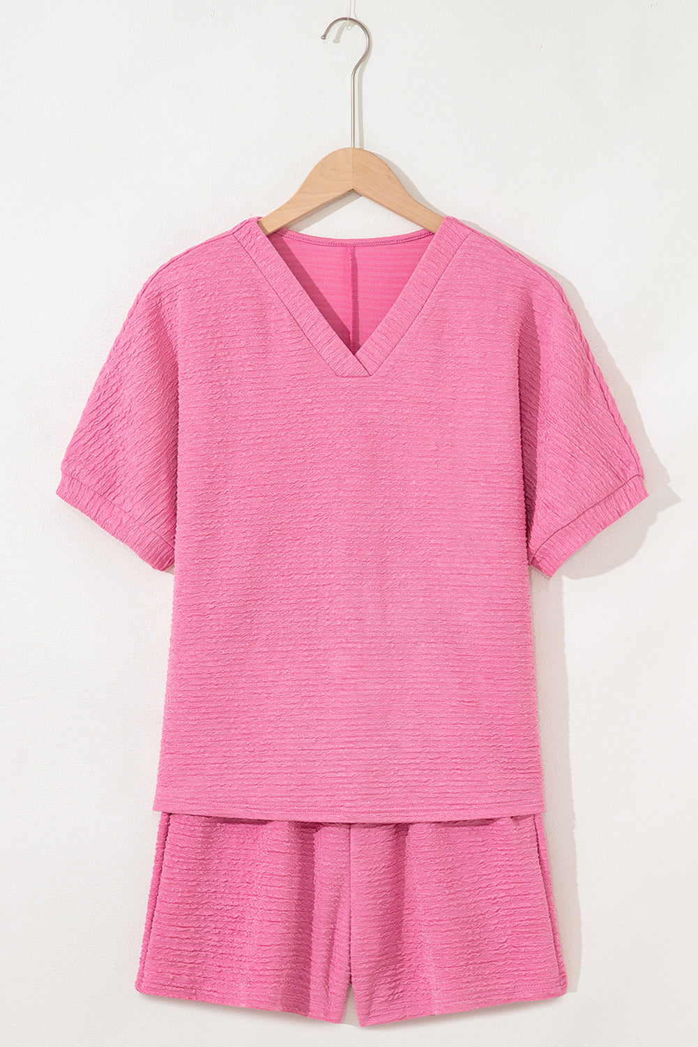 Pink Textured V Neck T Shirt and Shorts Set - Viraxa