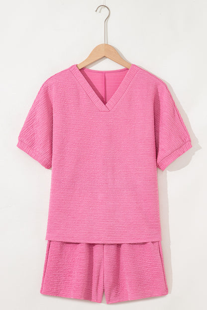 Pink Textured V Neck T Shirt and Shorts Set - Viraxa