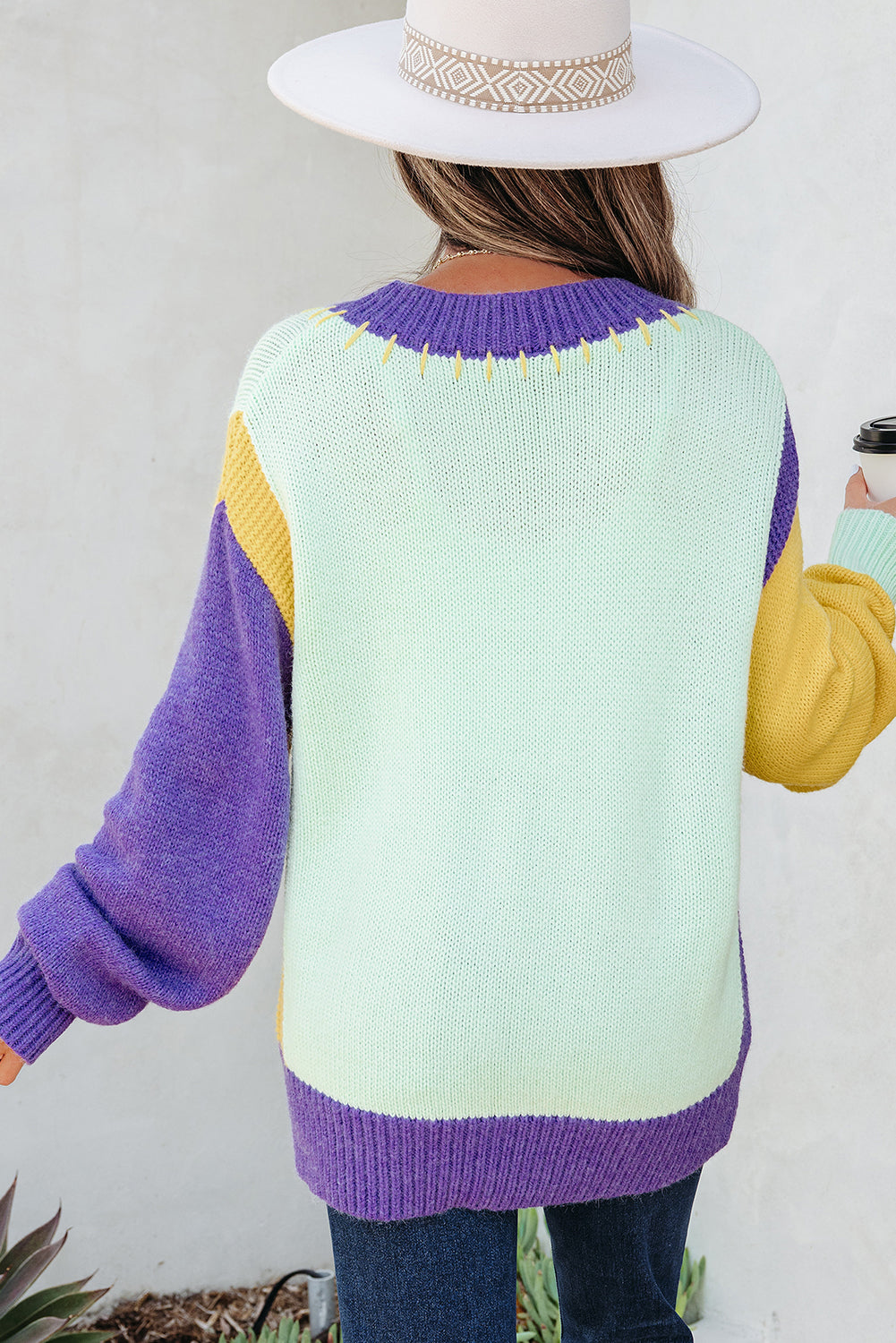Green Stitched V Neck Color Block Knitted Drop Shoulder Sweater - Viraxa