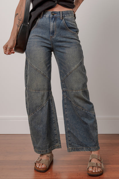 Sail Blue Exposed Stitching Loose Straight High Waist Jeans - Viraxa