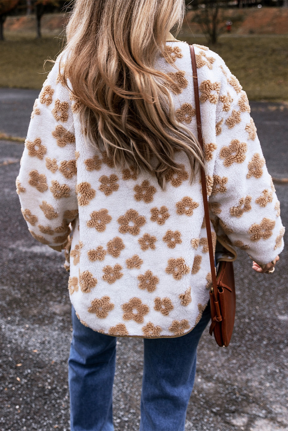 Light French Beige Cute Flower Pattern Button Up Fleece Jacket - Viraxa