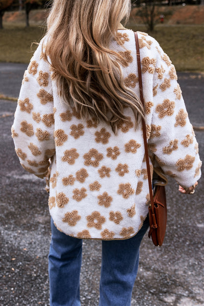 Light French Beige Cute Flower Pattern Button Up Fleece Jacket - Viraxa