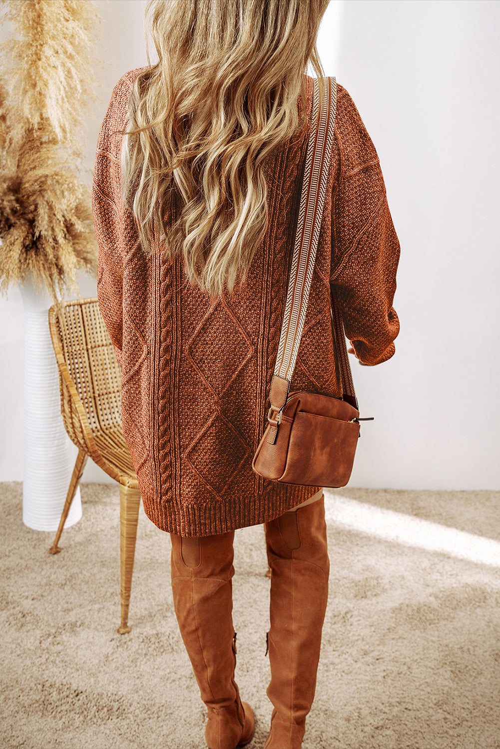 Coffee Cable Knit Drop Shoulder Loose Fit Sweater Dress - Viraxa