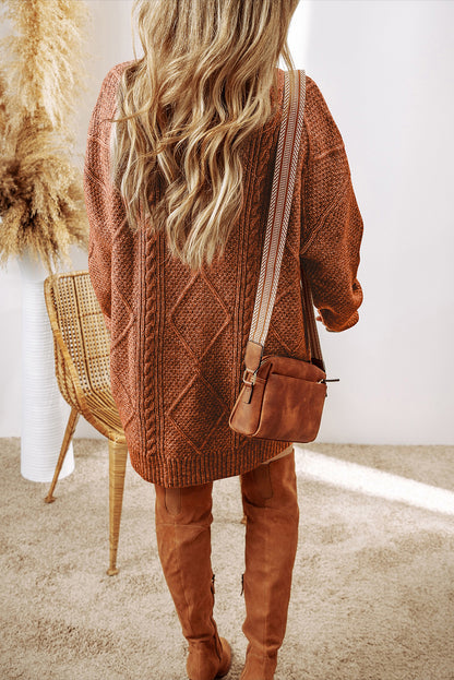 Coffee Cable Knit Drop Shoulder Loose Fit Sweater Dress - Viraxa