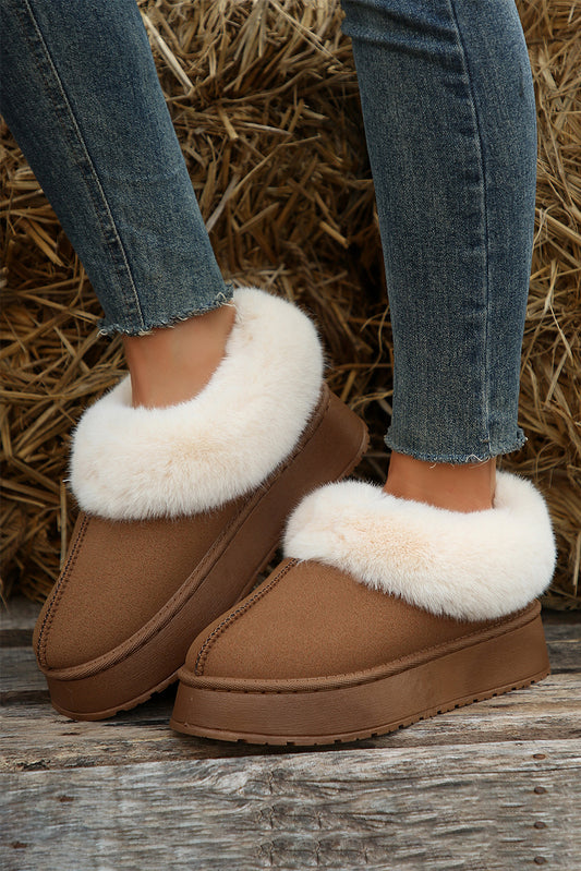 Chestnut Plush Suede Trim Thick Sole Flat Snow Boots - Viraxa