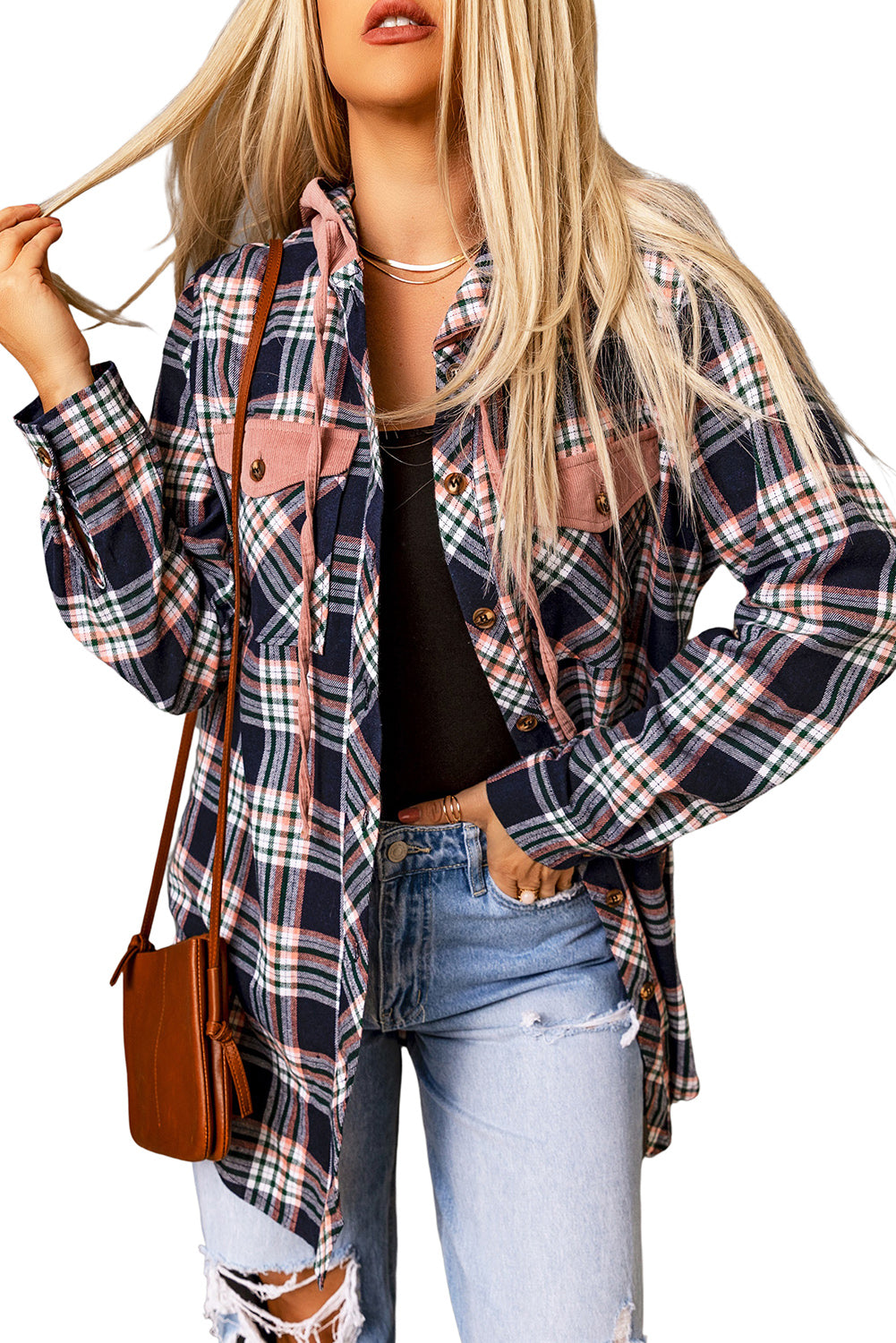 Pink Contrast Hooded Drawstring Plaid Shacket - Viraxa