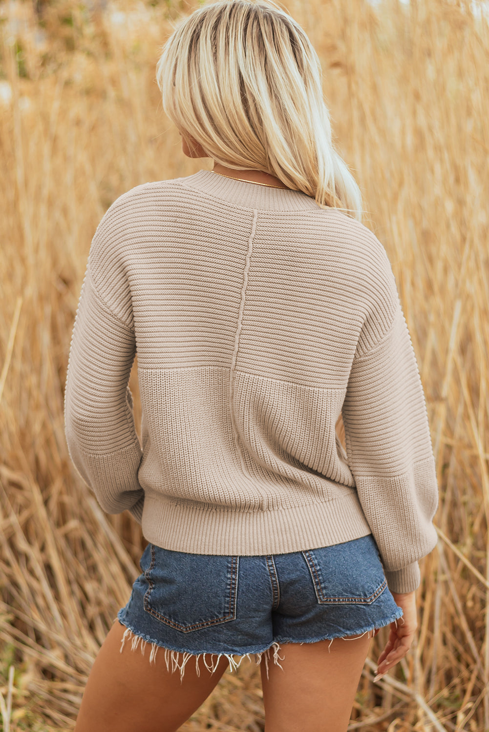 Parchment Mixed Texture Patchwork Knitted Puff Sleeve Sweater - Viraxa