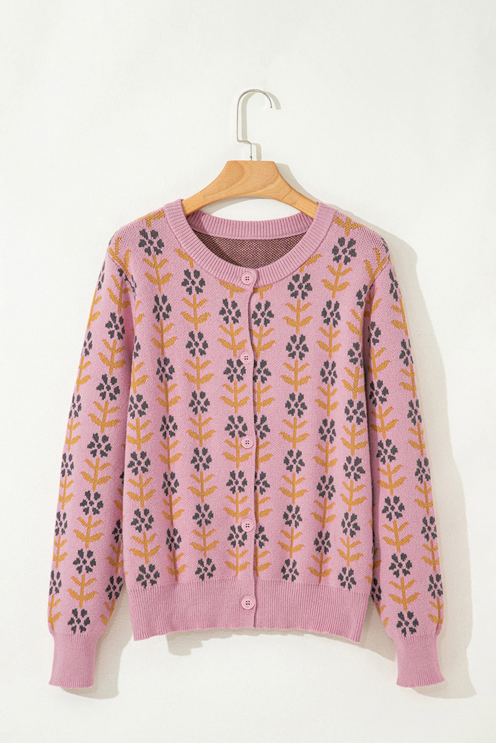 Pink Floral Button Down Ribbed Banded Cardigan Sweater - Viraxa
