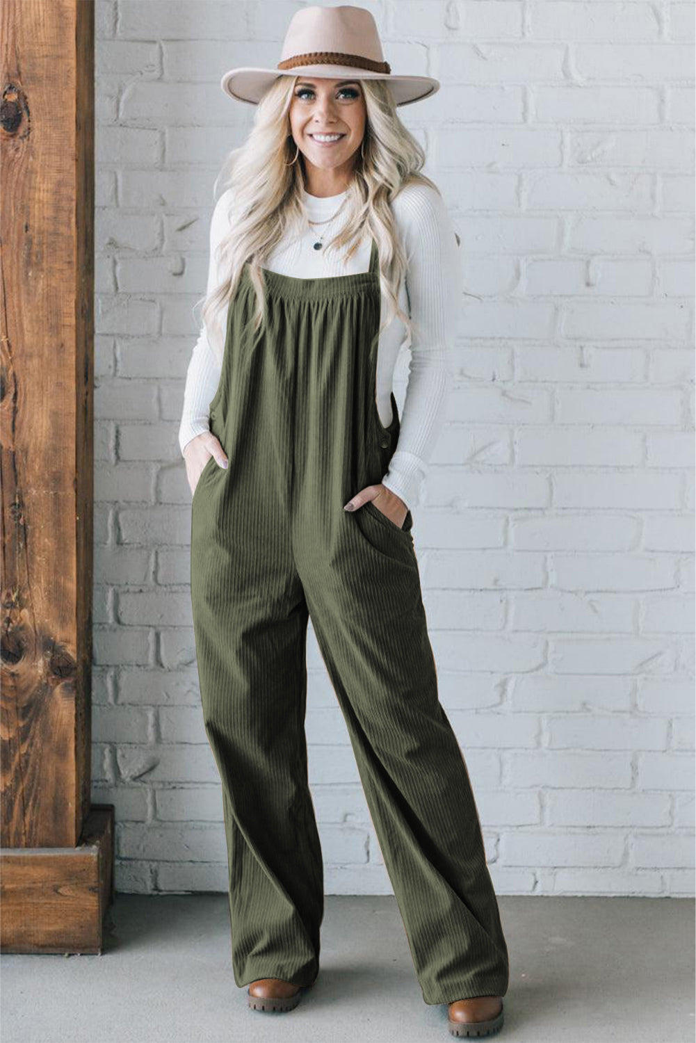 Jungle Green Solid Pocketed Loose Fit Corduroy Overall - Viraxa