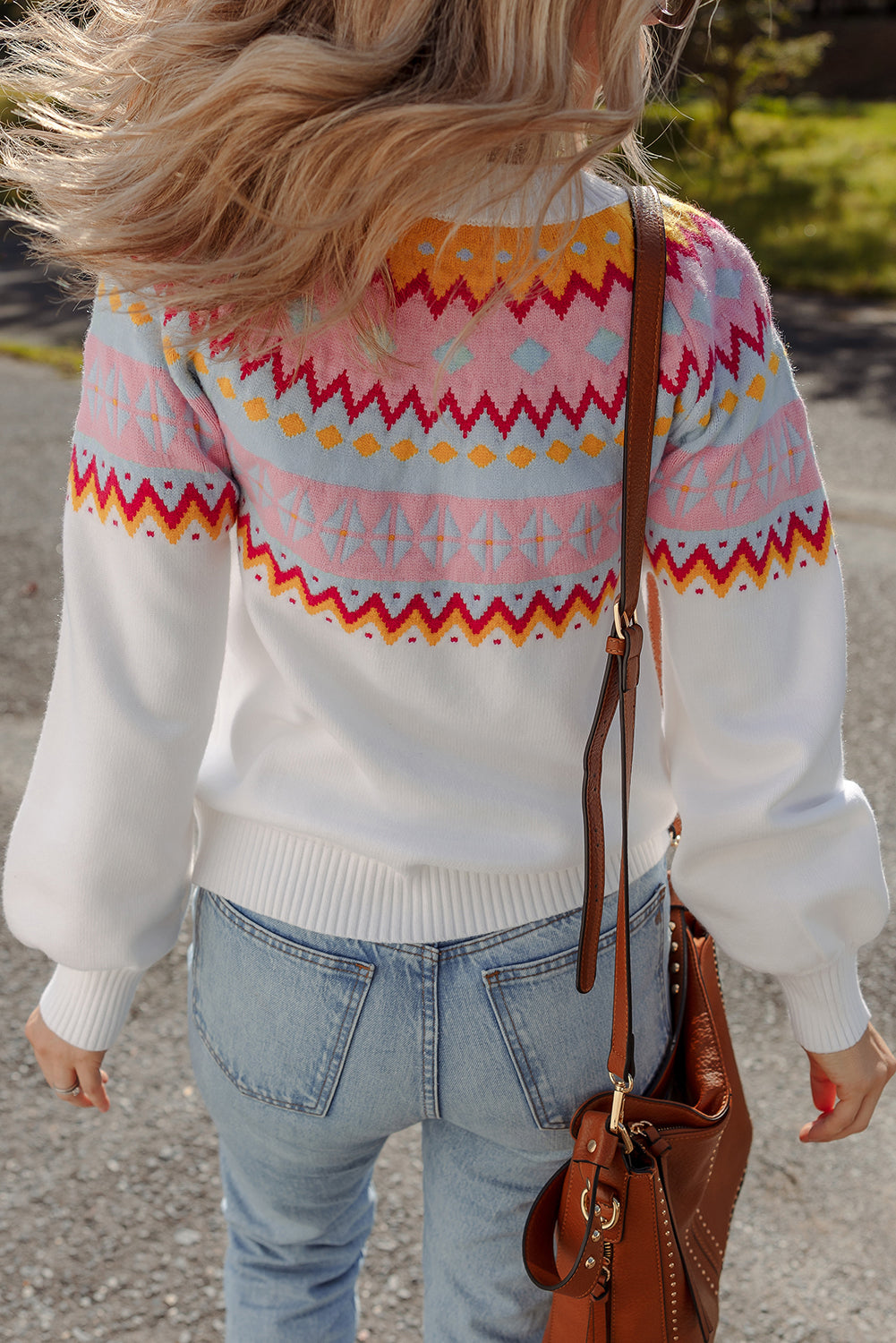 White Ethnic Geometric Colorblock Print Drop Shoulder Sweater - Viraxa