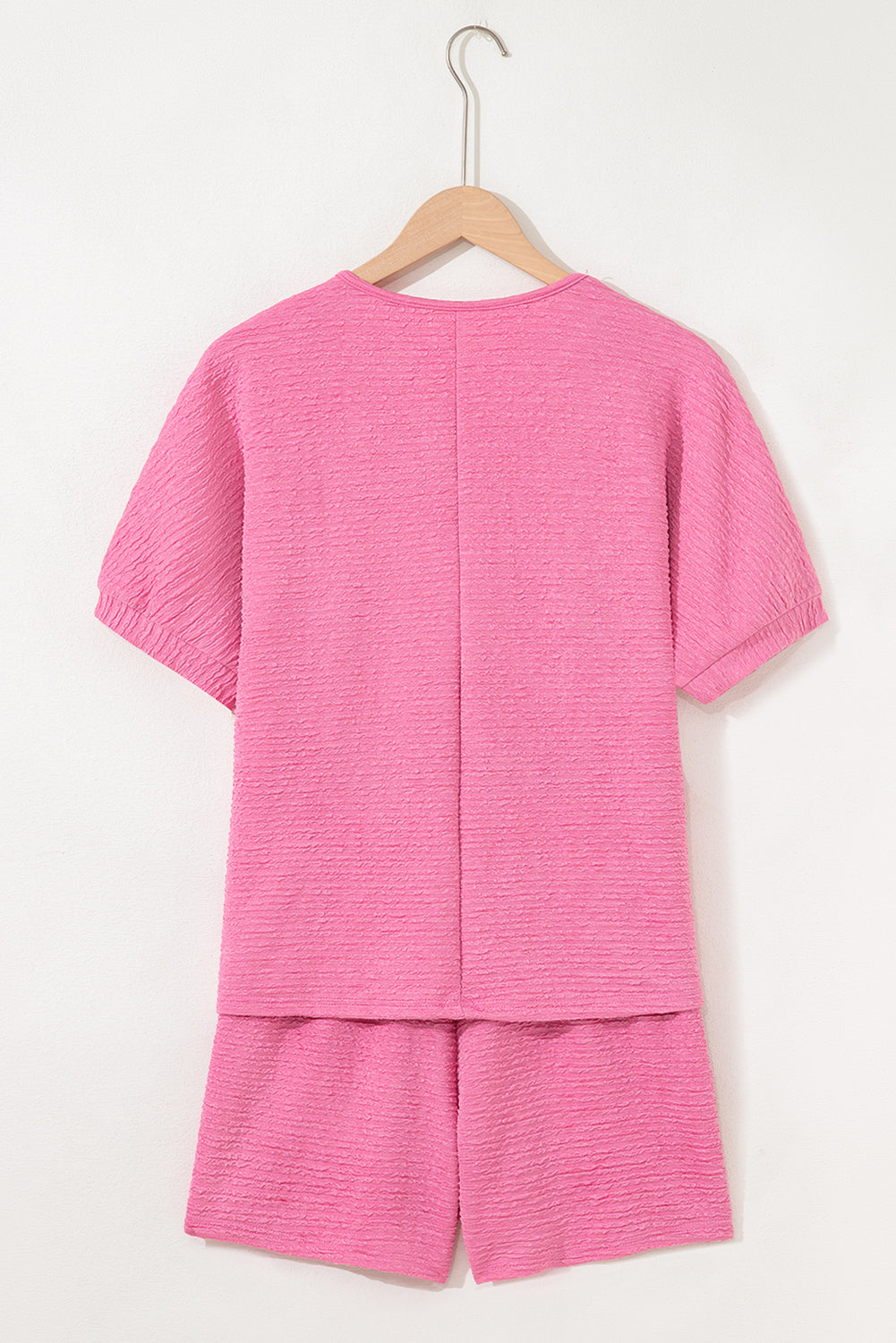 Pink Textured V Neck T Shirt and Shorts Set - Viraxa
