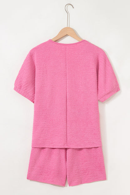 Pink Textured V Neck T Shirt and Shorts Set - Viraxa