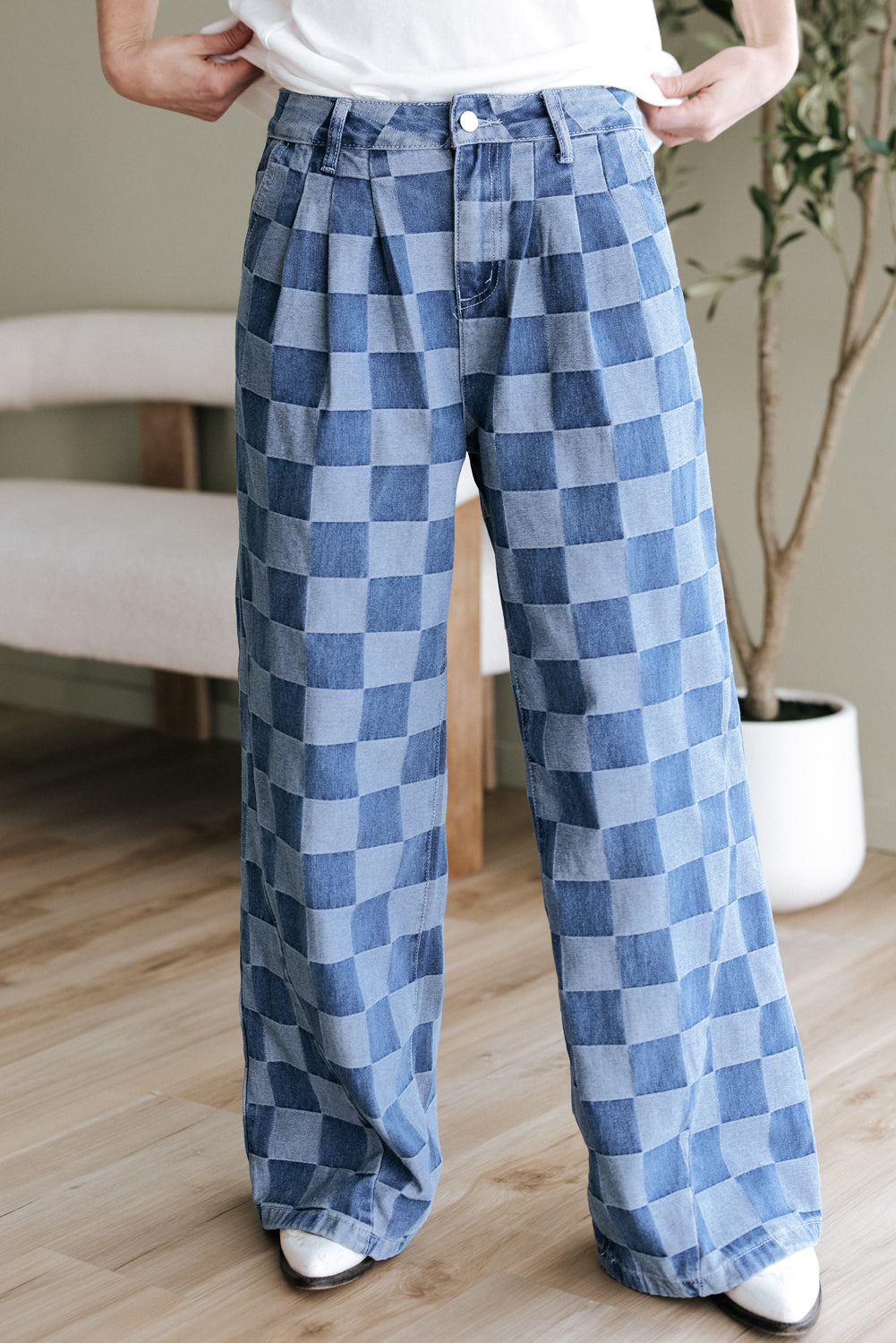 Dusk Blue Checkered Denim Wide Leg Jeans - Viraxa