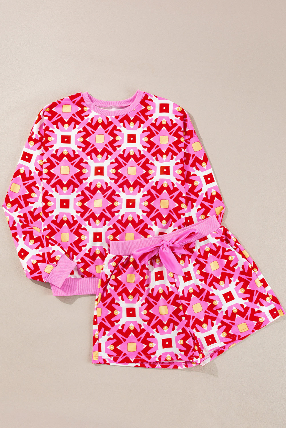 Sachet Pink Geometric Print Long Sleeve Top and Drawstring Shorts Set - Viraxa