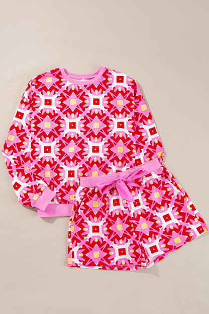 Sachet Pink Geometric Print Long Sleeve Top and Drawstring Shorts Set - Viraxa