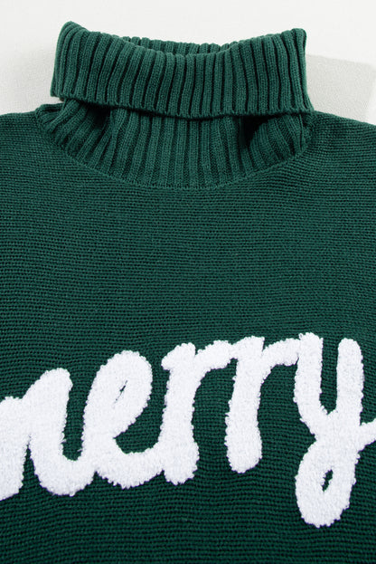 Blackish Green Merry Letter Embroidered High Neck Sweater - Viraxa