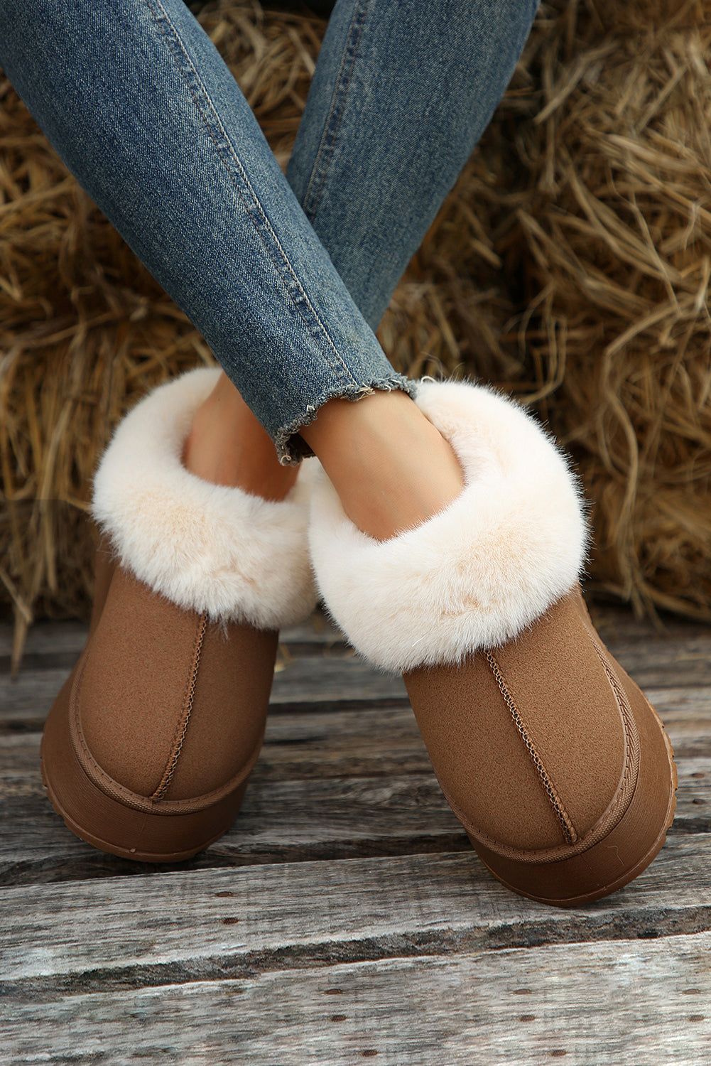 Chestnut Plush Suede Trim Thick Sole Flat Snow Boots - Viraxa