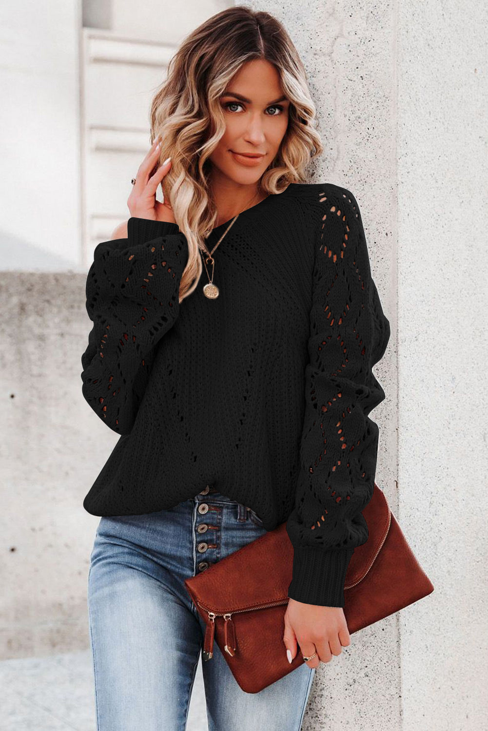 Black Hollow-out Puffy Sleeve Knit Sweater - Viraxa