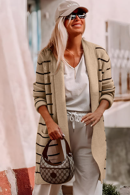 Black Stripe Shawl Neckline Open Cardigan with Pockets - Viraxa