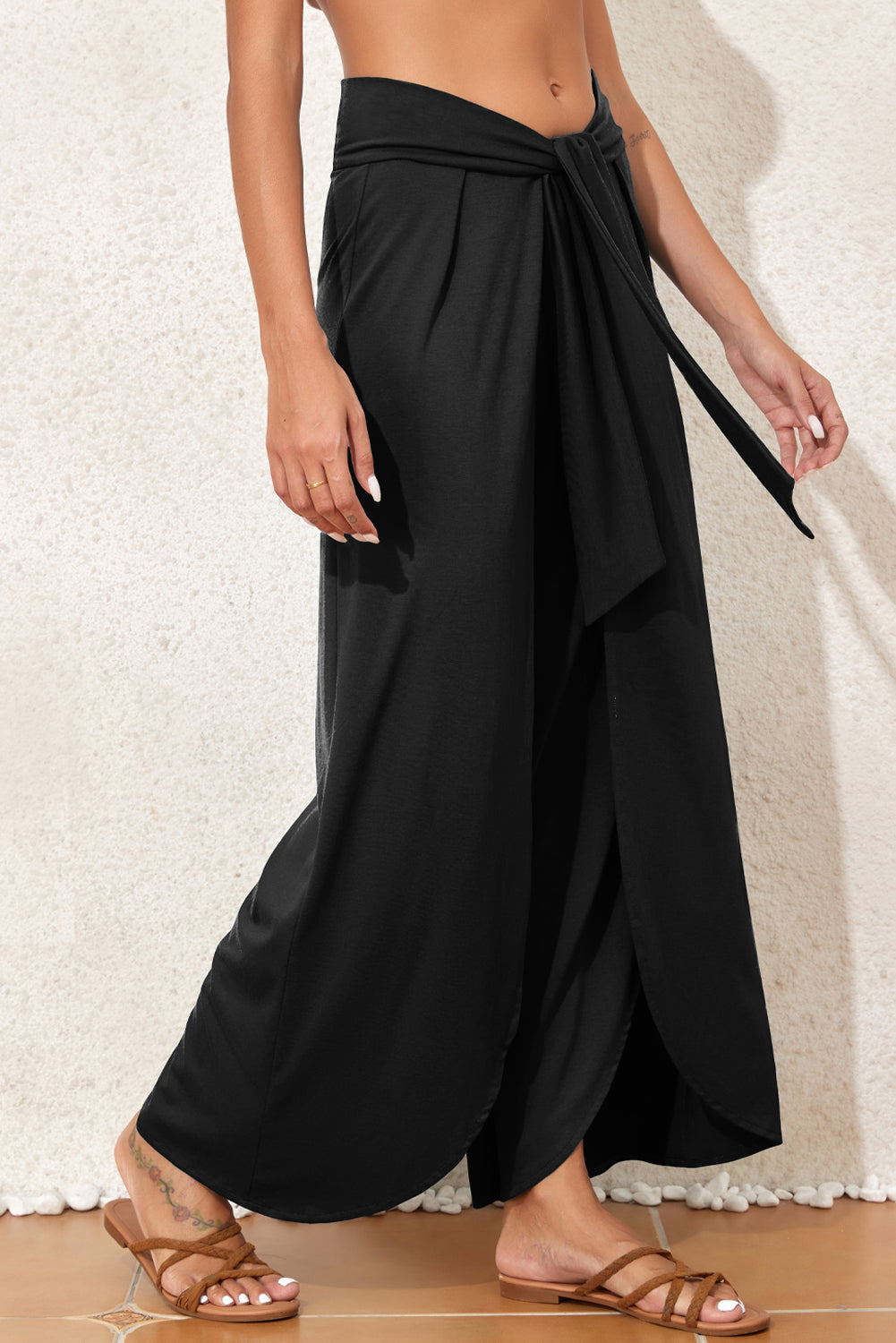 Black Knotted Drop Waist Split Leg Relaxed Pants - Viraxa