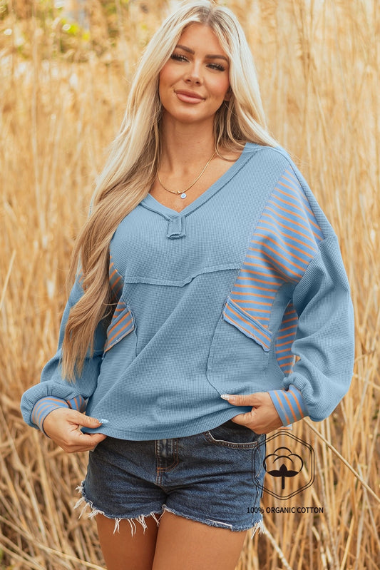 Dusk Blue Exposed Seam Waffle Striped Patchwork Baggy Pullover