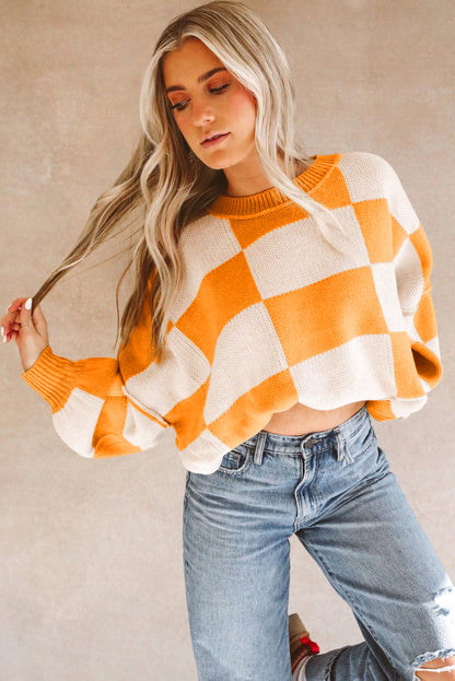 Orange Checkered Bishop Sleeve Sweater - Viraxa