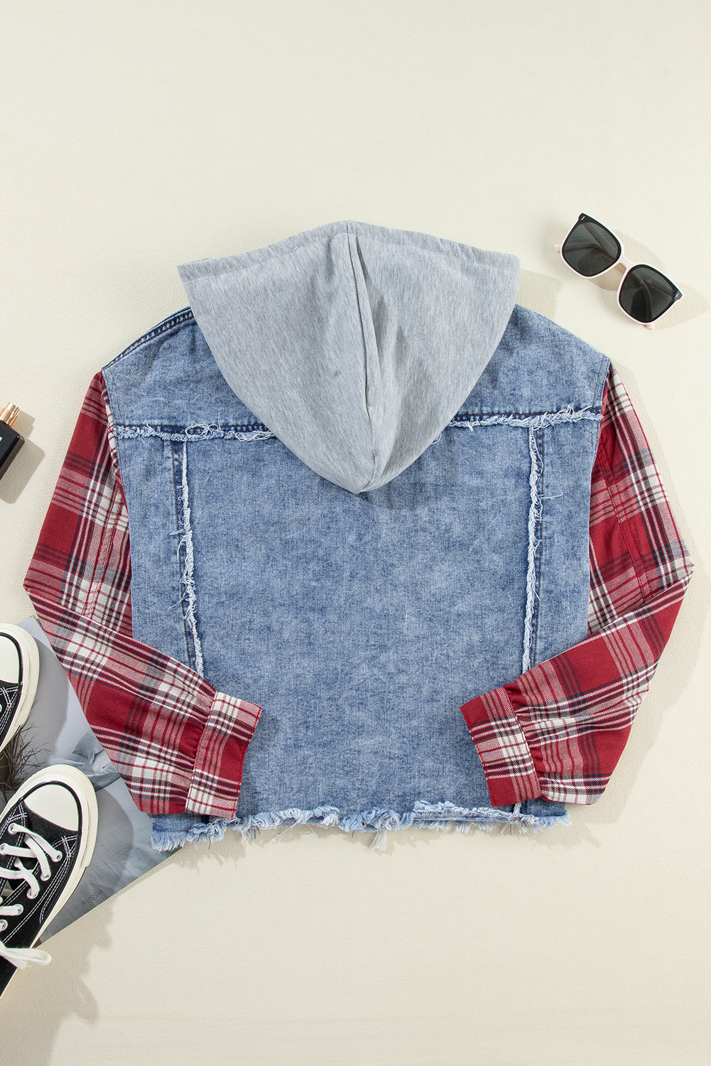 Beau Blue Plaid Print Patchwork Hooded Raw Hem Denim Jacket - Viraxa