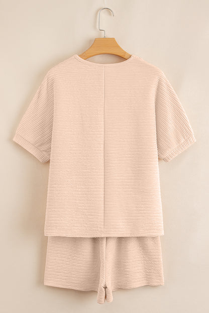 Apricot Textured V Neck T Shirt and Shorts Set - Viraxa
