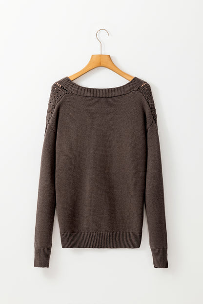 Dark Khaki Open Knit Drop Shoulder Sweater Cardigan - Viraxa