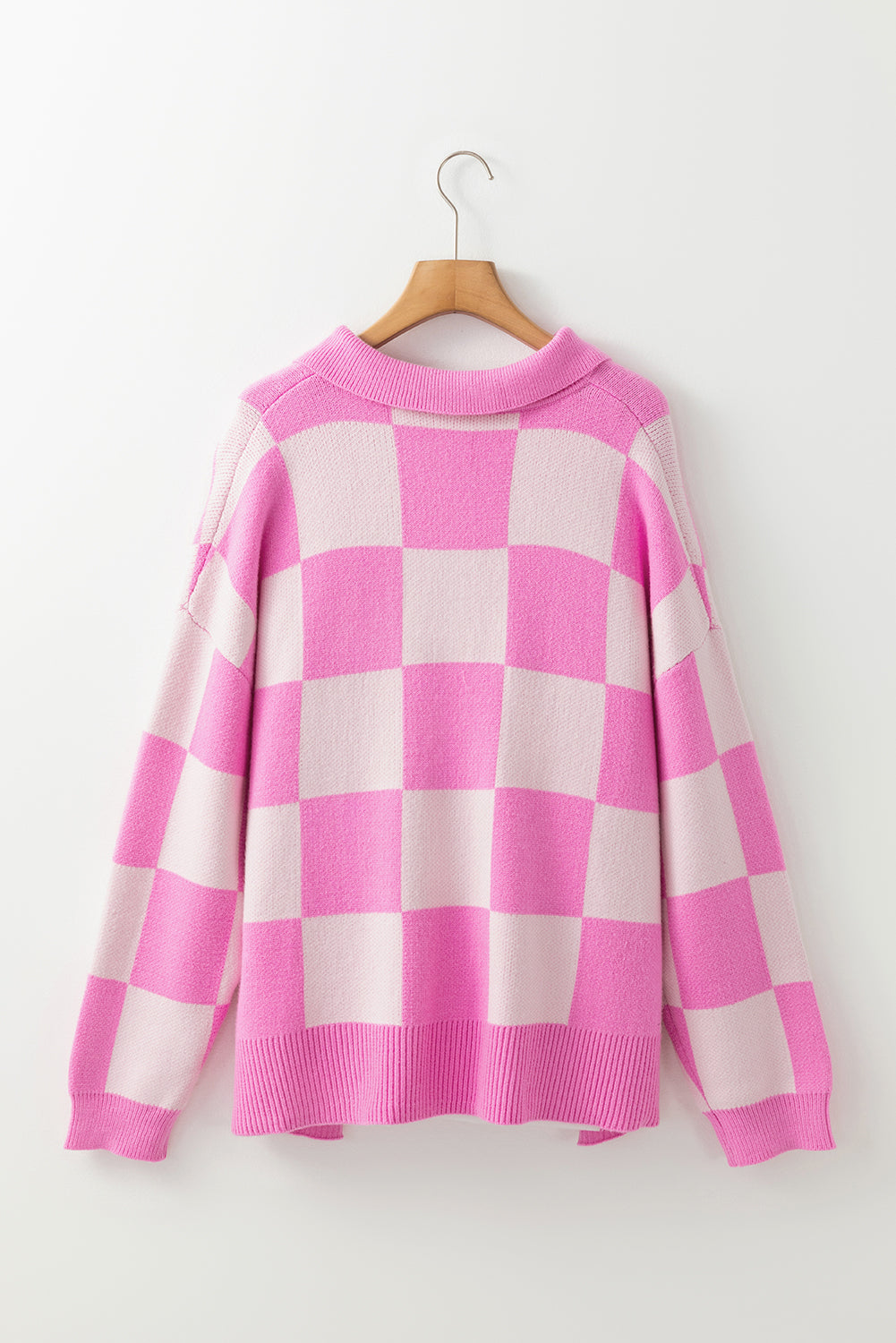 Pink Checkerboard Half Button Collared Drop Shoulder Sweater - Viraxa