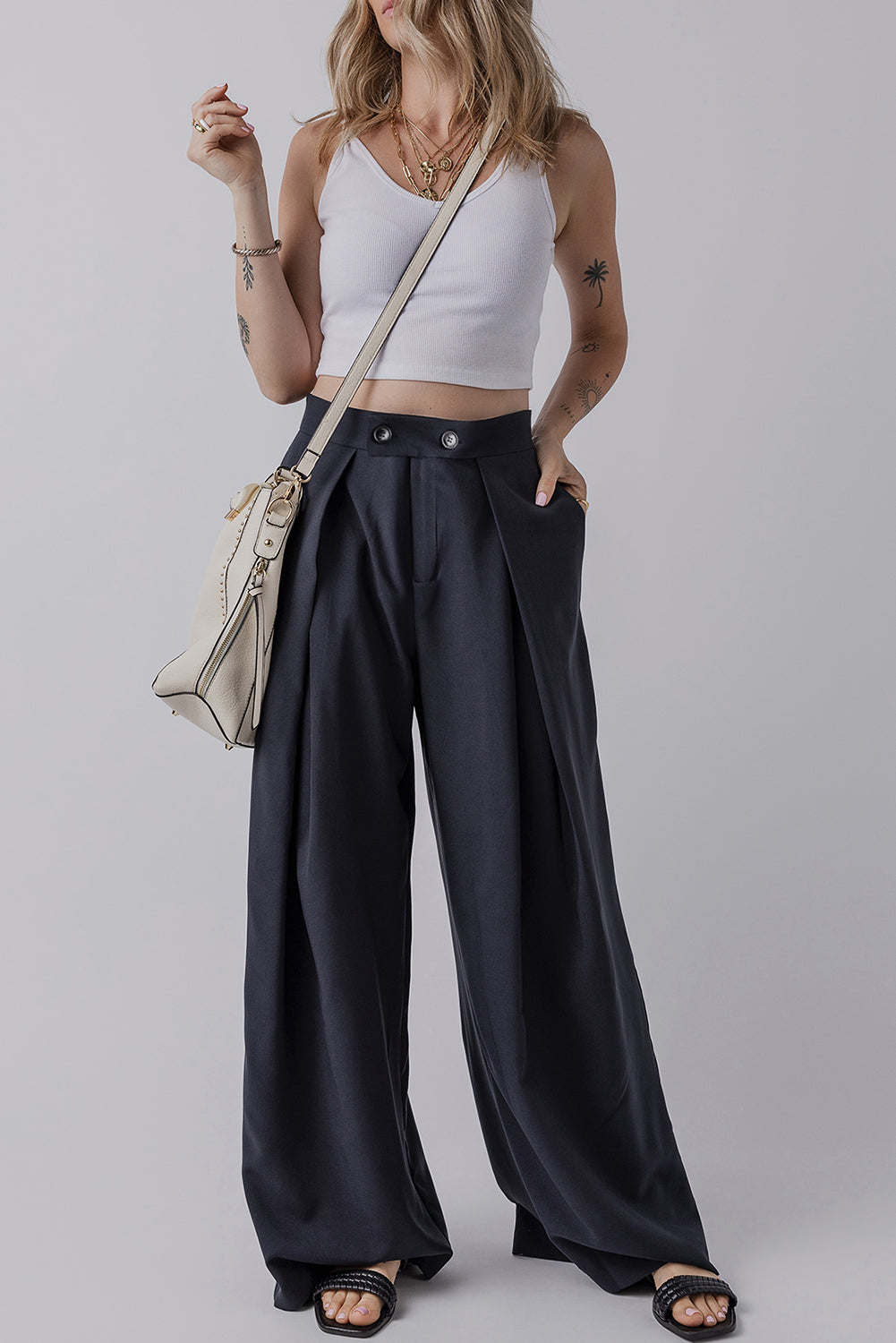 Dirty blue Dual Buttoned High Waist Pleated Wide Leg Pants - Viraxa
