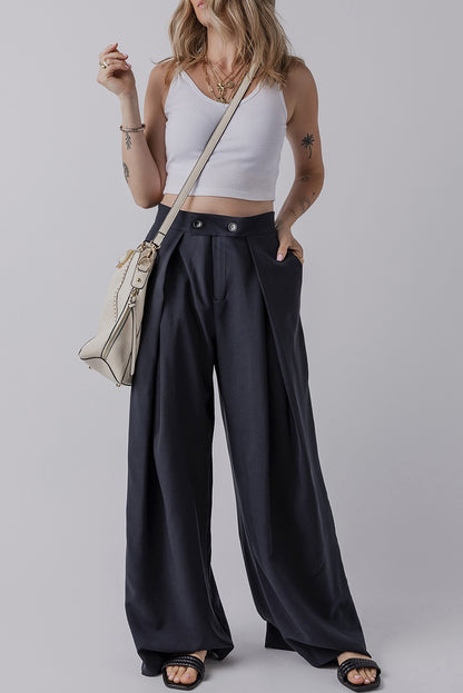 Dirty blue Dual Buttoned High Waist Pleated Wide Leg Pants - Viraxa