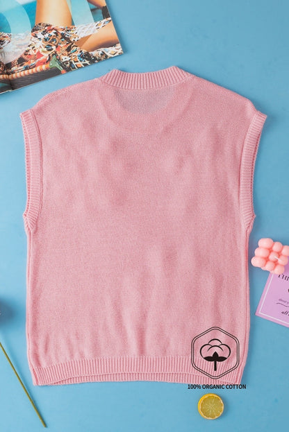 Pink Multi Crochet Flower Knit Short Sleeve Sweater Top