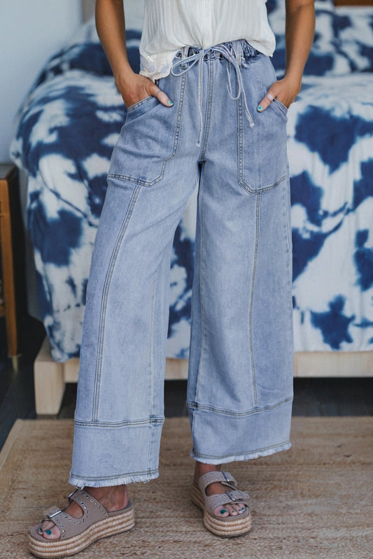 Beau Blue Drawstring Seam Detail Raw Hem Wide Leg Denim Pants