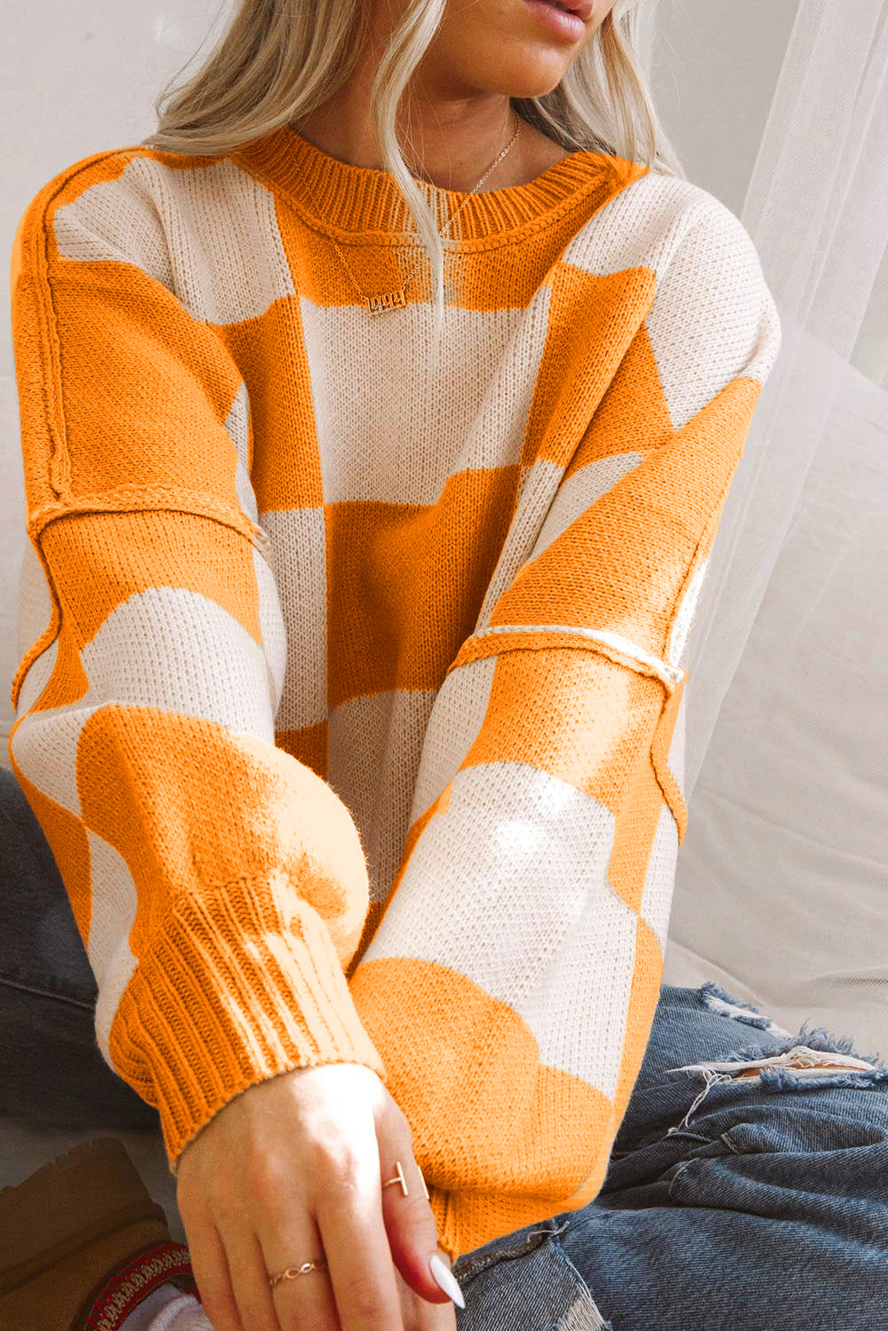 Orange Checkered Bishop Sleeve Sweater - Viraxa