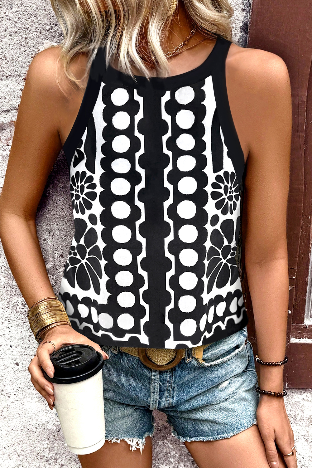 Black Abstract Dot Flower Print Tank Top - Viraxa