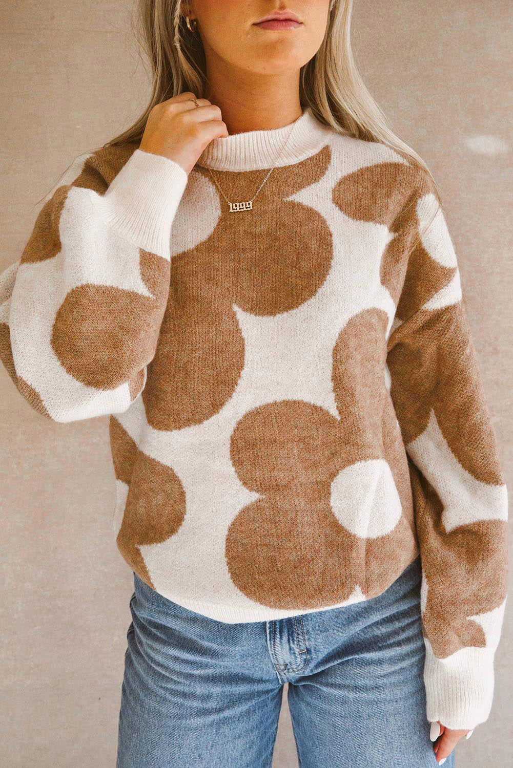 Khaki Big Flower Pattern Drop Shoulder Sweater - Viraxa