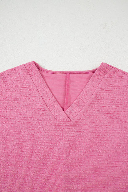 Pink Textured V Neck T Shirt and Shorts Set - Viraxa