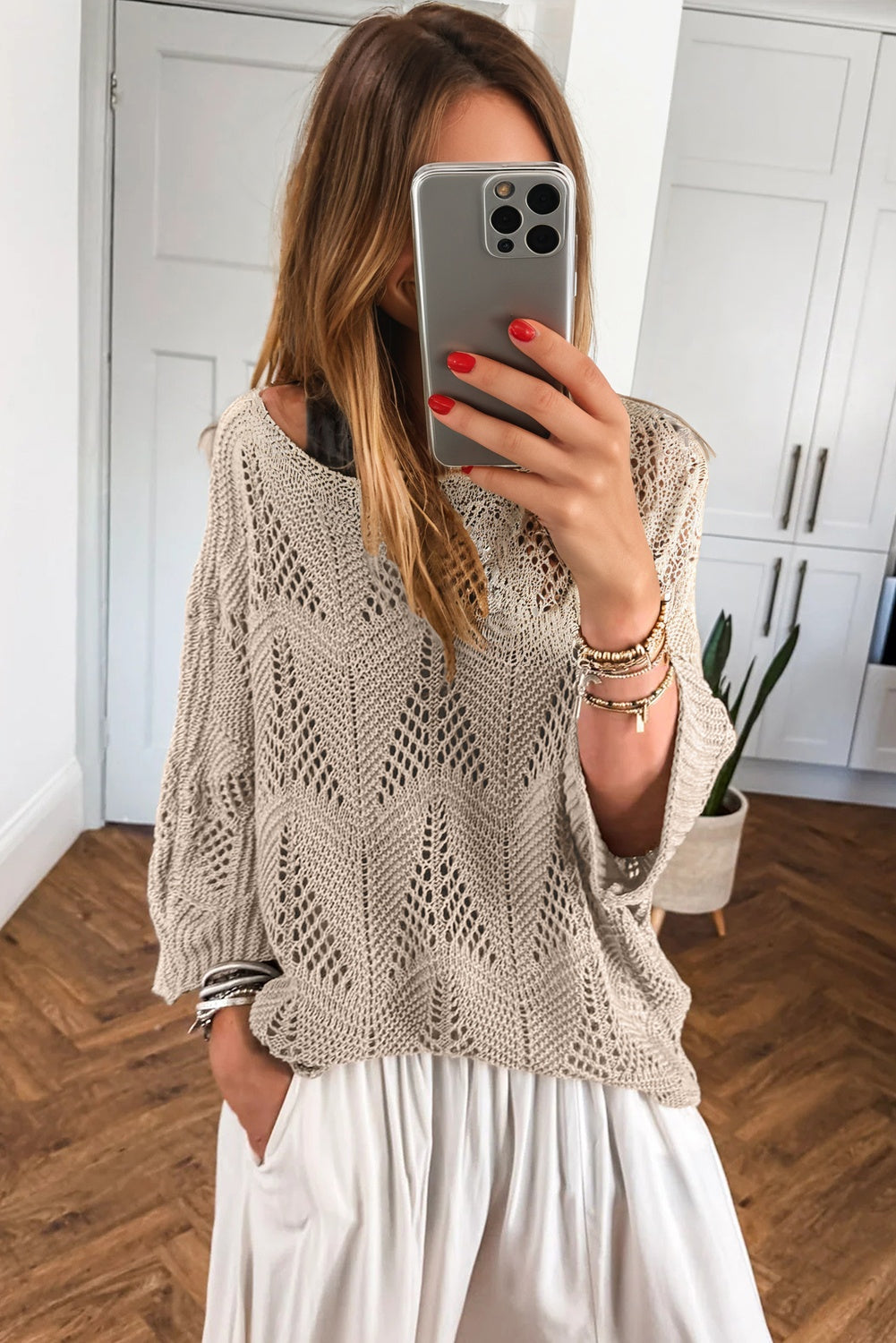 Parchment Hollow Out Knit 7/8 Sleeve Casual Sweater - Viraxa