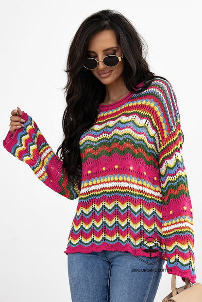 Rose Red Colorblock Striped Hollowed Knit Loose Sleeve Sweater