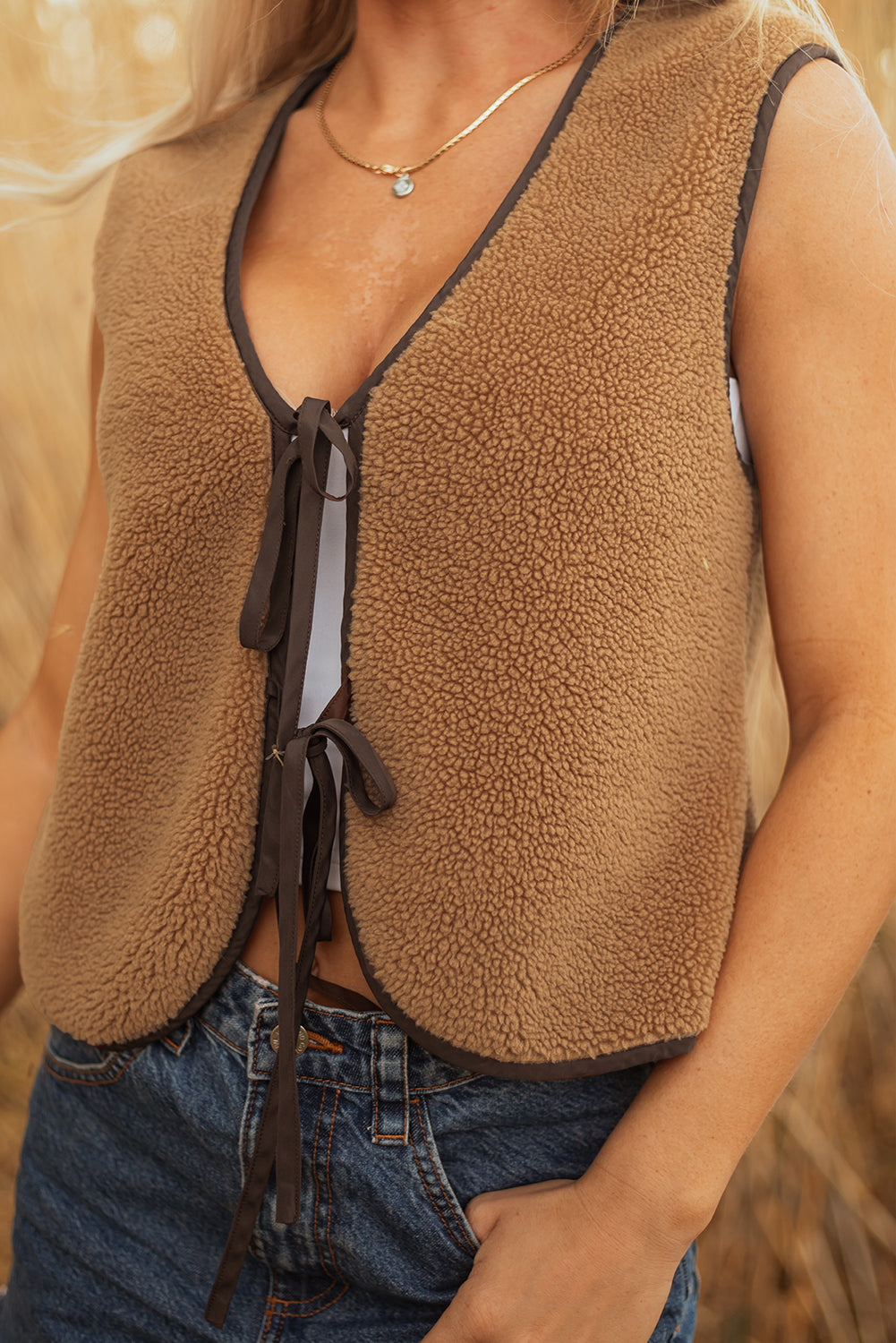 Light French Beige Contrast Trim Tie Front Sherpa Vest - Viraxa