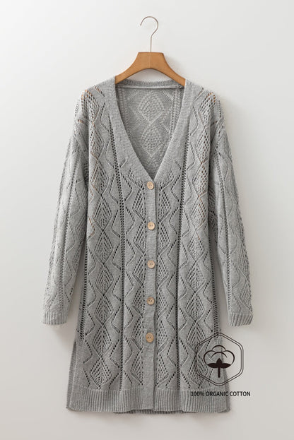 Gray Hollow-out Openwork Knit Cardigan