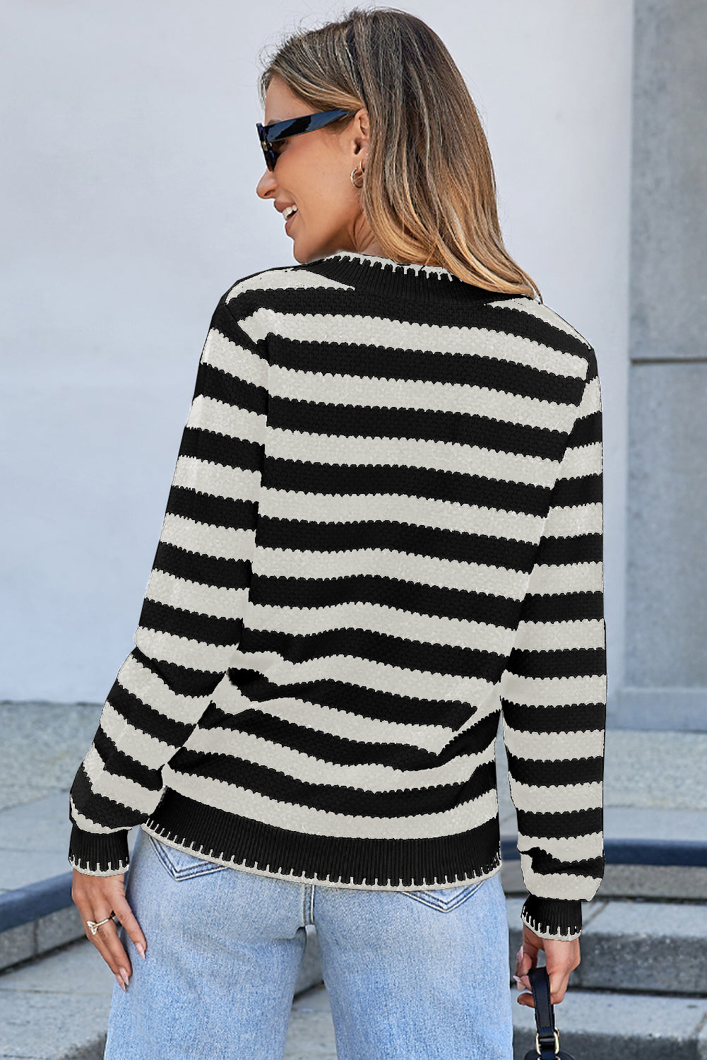 White Stripe Chic Golden Button Cardigan Sweater - Viraxa
