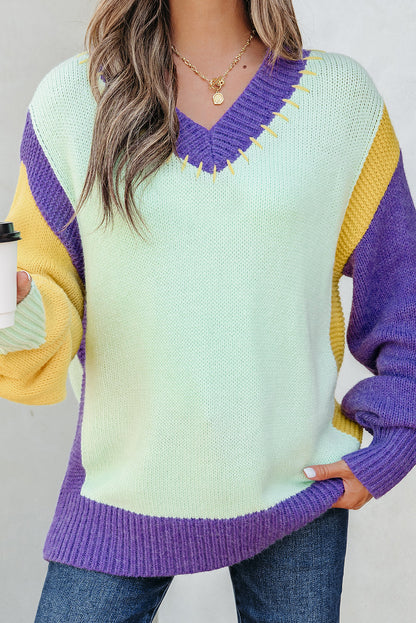 Green Stitched V Neck Color Block Knitted Drop Shoulder Sweater - Viraxa