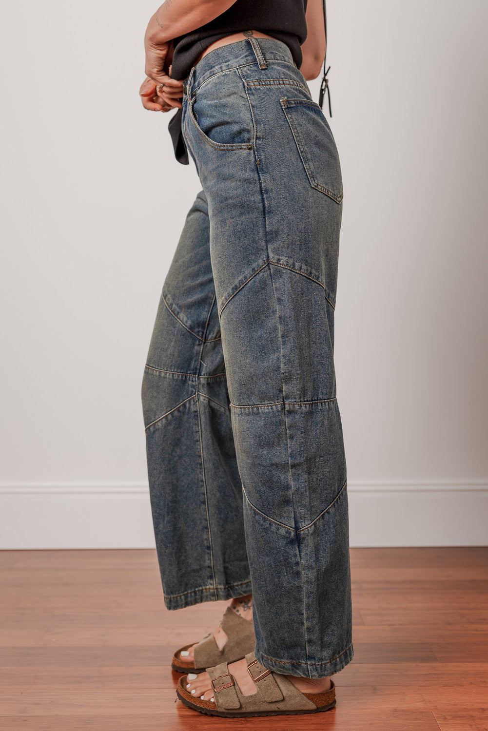 Sail Blue Exposed Stitching Loose Straight High Waist Jeans - Viraxa
