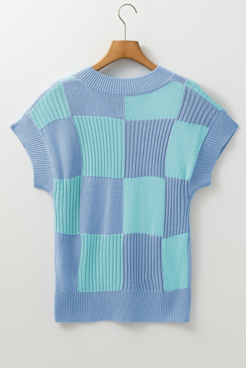 Light Blue Checkered Color Block Crew Neck Short Sleeve Sweater - Viraxa