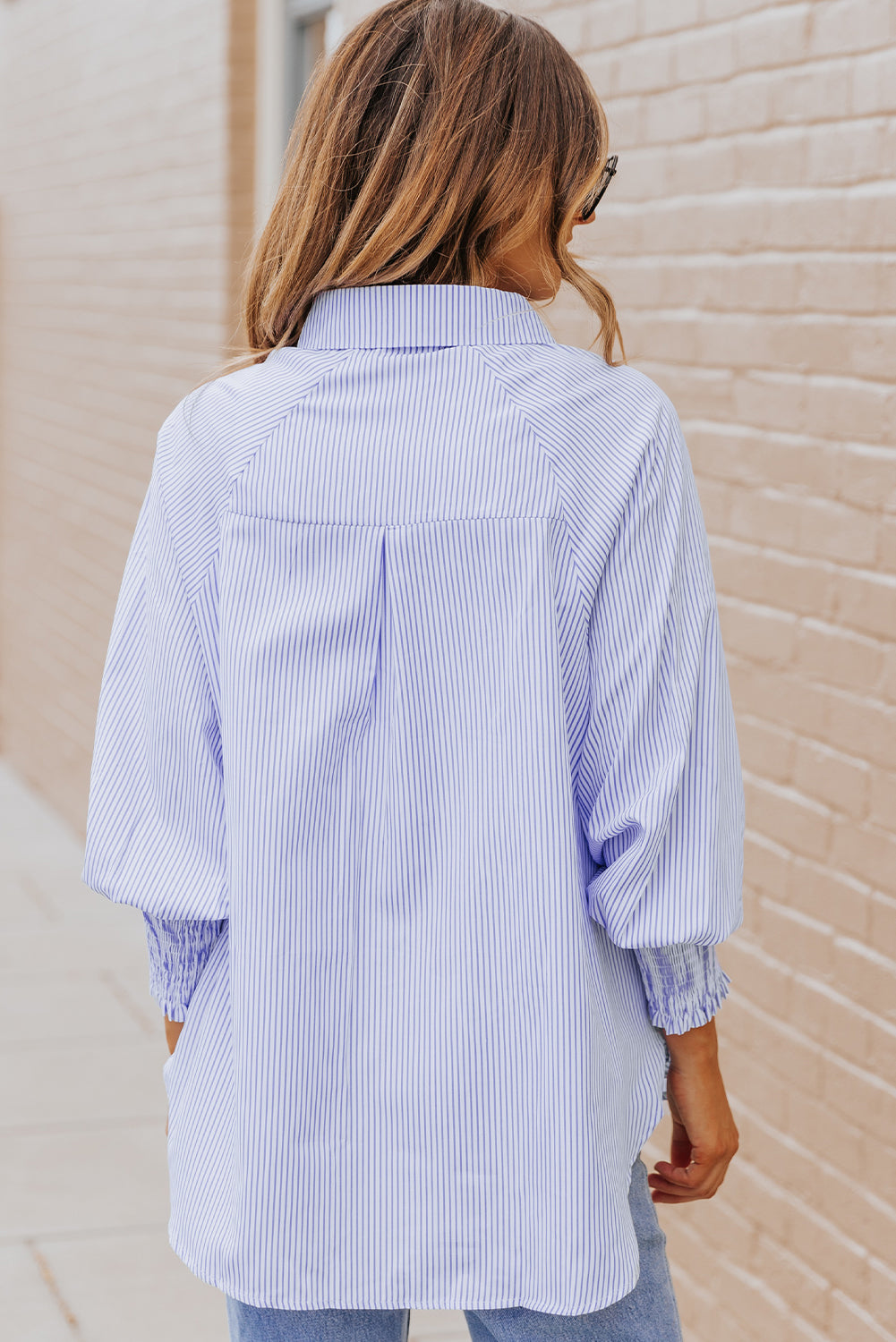 Sky Blue Smocked Cuffed Striped Boyfriend Shirt with Pocket - Viraxa