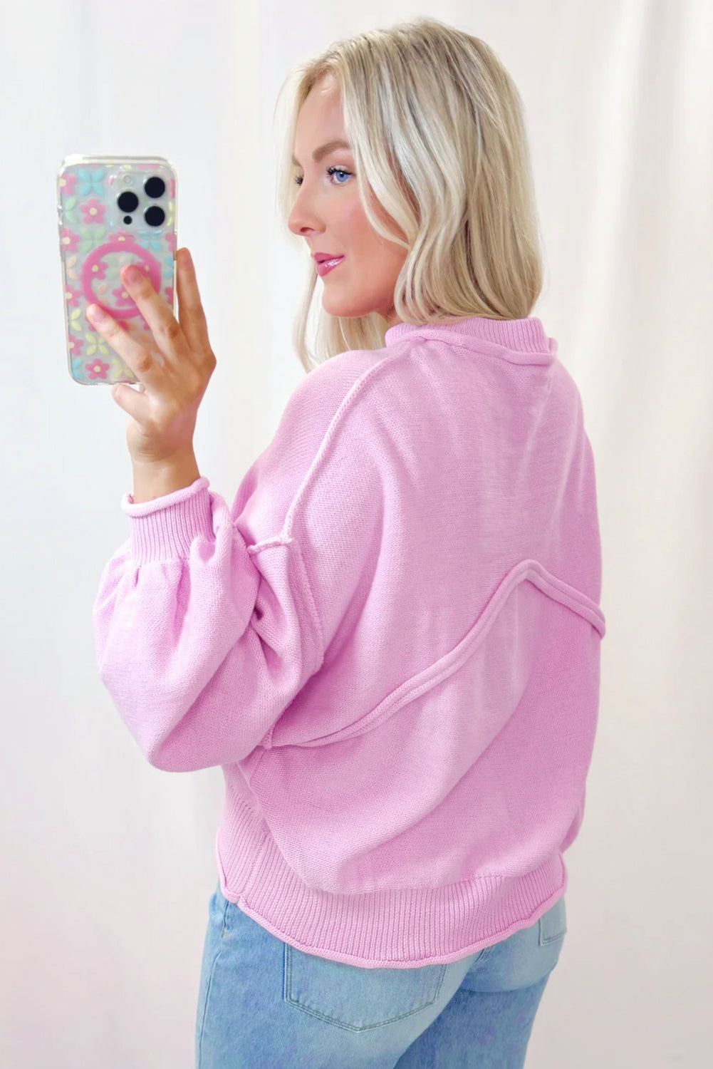 Pink Raw Edge Ribbed Detail Drop Shoulder Sweater - Viraxa
