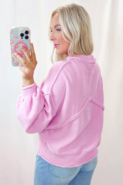 Pink Raw Edge Ribbed Detail Drop Shoulder Sweater - Viraxa