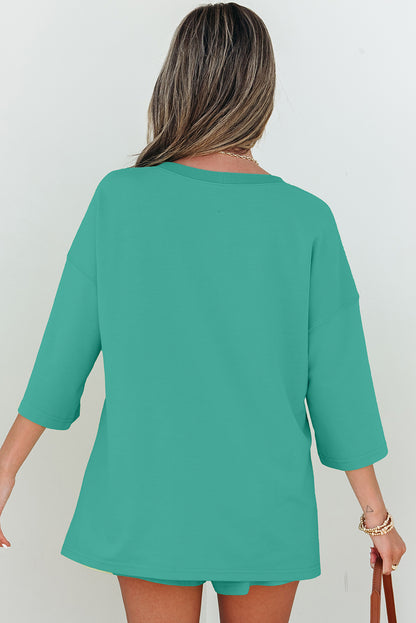 Sea Green Solid Loose V Neck Half Sleeve Tee and Shorts - Viraxa